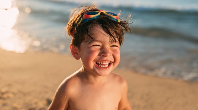 Happy Child Laughing at Beach, Sunny Day, Summer Fun, Sand on Feet, Ocean View