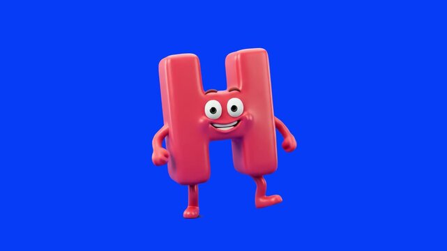 Playful red 3D cartoon letter H character with eyes, face, and limbs standing happily against a solid blue screen backdrop. Perfect for kids' alphabet learning videos, educational channel promos, typo
