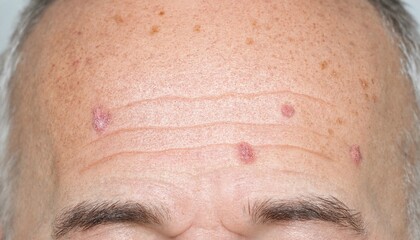 Fototapeta premium Close up of senior man forehead skin with actinic keratosis lesions
