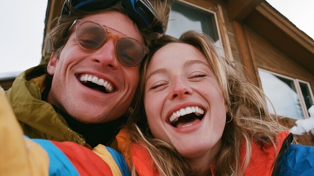 Jubilant Couple Posing for a Selfie in Snowy Outfitters