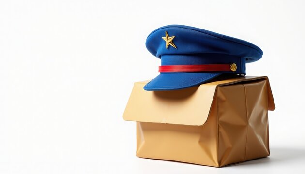 Postal delivery with blue officer cap resting on brown paper parcel, close-up of peaked hat with red band and star emblem on wrapped package, vintage courier accessory isolated on white background,