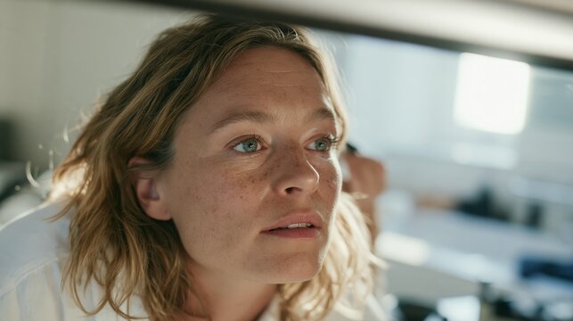 Woman with piercing gaze, looking at camera over laptop.