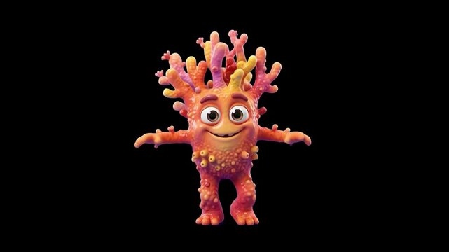 A detailed 3D orange and pink coral monster character with expressive eyes and small branches standing with open arms set against a solid dark black background. Great for fantasy creature designs, hig
