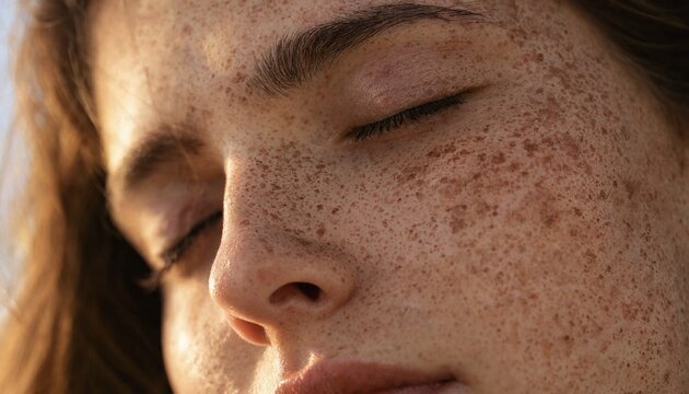 Close up portrait of a young woman with natural freckles on her face