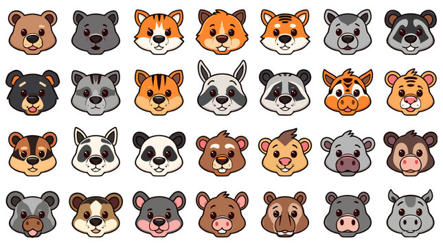 Collection of cartoon animal head illustrations featuring bears bear raccoon