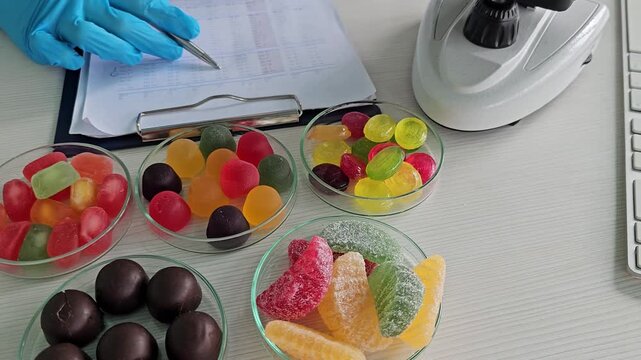 Examining candy samples in a lab setting with notes and tools