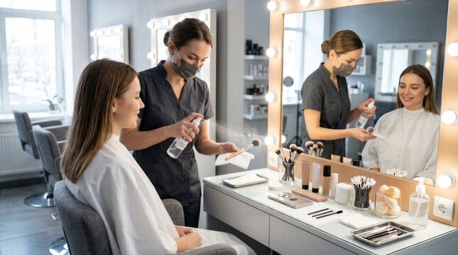 Client seated in makeup chair while artist works with clean applicators and organized products, highlighting beauty service safety and preparation.