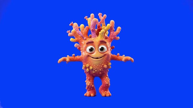 Friendly 3D cartoon coral creature character standing with arms open and a cheerful smile against a solid blue screen background. Ideal for marine life educational content, children's underwater anima