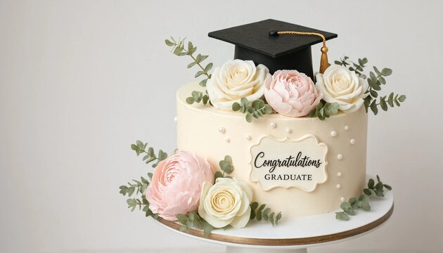Elegant graduation cake decorated with soft pink roses and a mortarboard topper for celebratory party events