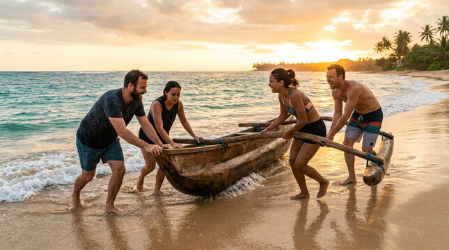 Friends Launching Canoe on Tropical Beach at Sunset