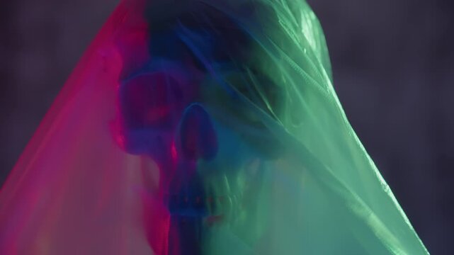 An anatomical model of a skull under plastic, the plastic goes up and reveals the skull