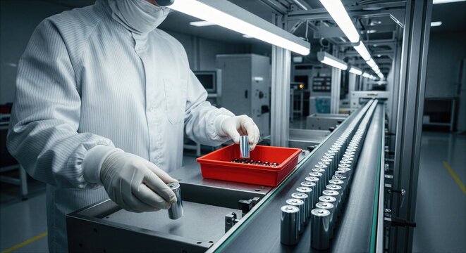Battery factory quality control scene showing rejected cell separated from approved cells during automated production line inspection.