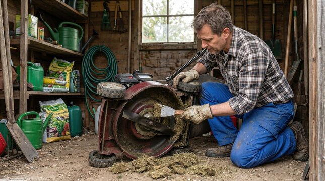 Close maintenance scene with scraper cleaning mower underside, illustrating machine upkeep, debris removal and responsible lawn care routine.