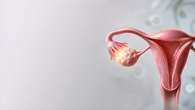 Female infertility reproductive system medical banner showing uterus, fallopian tubes and ovaries in realistic clinical anatomy with copy space for healthcare, fertility education and patient care