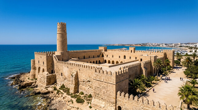 Historic Ribat fortress by the blue sea, Monastir, Tunisia. Medieval architecture, sunny day.