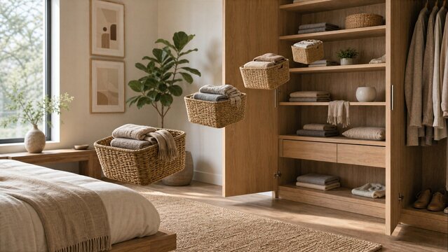 Surreal closet organization concept with baskets of folded textiles returning to shelves, focused on effortless tidiness and soft interior style.