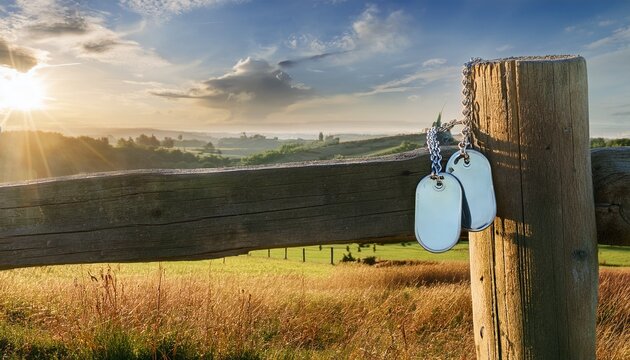 dog tags hanging on rustic fence overlooking peaceful countryside landscape