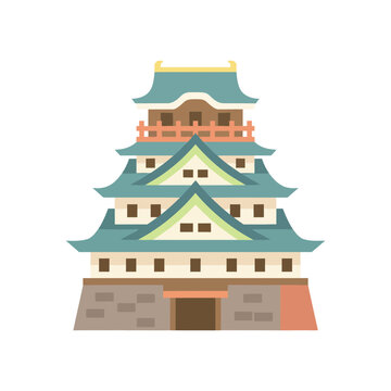 Minimalist vector illustration of an ancient Japanese fortress. Clean flat design style with soft pastel colors, representing Japanese heritage and landmark.