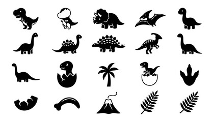 Dinosaurs and Prehistoric Animals Vector Icons Set in Black Silhouette Style for Educational and Decorative Designs © Kamu