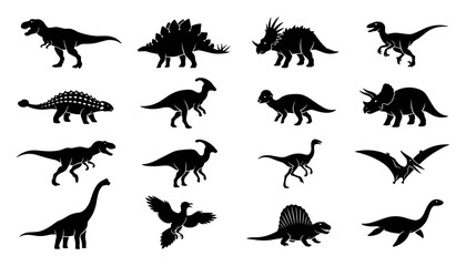 Dinosaurs and Prehistoric Creatures Vector Silhouettes Set for Educational and Decorative Designs Featuring Animals, Reptiles © Kamu
