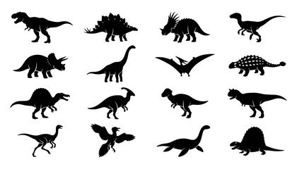 Dinosaurs Silhouettes Vector Set Featuring Various Prehistoric Species in a Flat Design Style for Educational and Decorative Use © Kamu