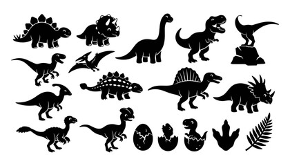 Dinosaurs Vector Illustration Set Featuring Various Species in Side Profile Silhouettes for Educational and Decorative Designs © Kamu