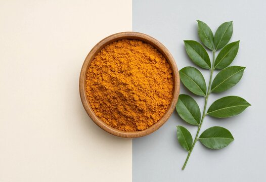 A wooden bowl filled with bright orange turmeric powder alongside a fresh green curry leaf branch