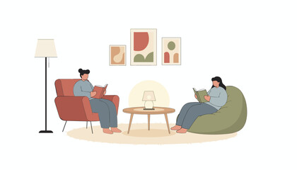 Fototapeta premium Cozy living room illustration showing two women relaxing and reading books on comfortable armchairs under soft interior lighting.