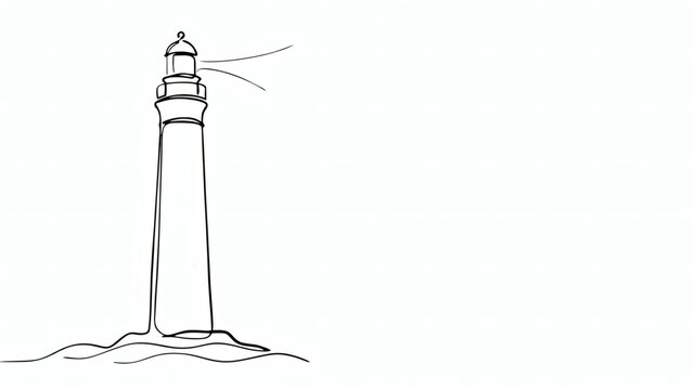 Minimalist one line drawing of a lighthouse on the coast, simple black and white vector design.