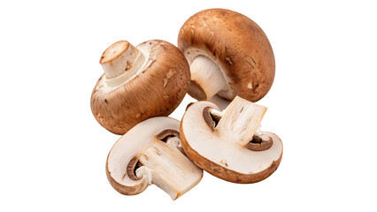 Group arrangement cluster of fresh raw organic brown button champignon mushrooms isolated on transparent background © Arthur
