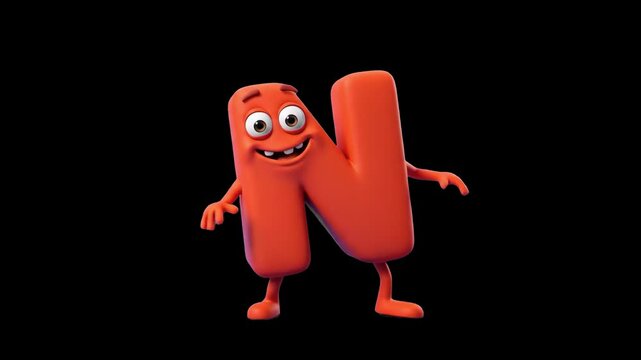 Animated cute 3D cartoon red letter N mascot character dancing isolated on a dark background. Ideal for kids education, alphabet learning videos, preschool promos, typography animation, and motion gra