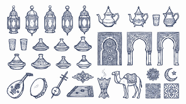 Set of hand drawn islamic icons and middle eastern cultural symbols in blue ink Vector