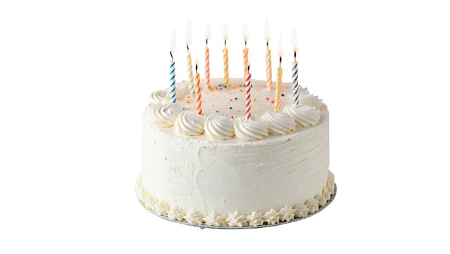 Delicious sweet birthday cake with white cream frosting and burning candles isolated on transparent background