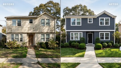 Fototapeta premium Before and after home renovation showcasing updated exterior siding and landscape improvements with renovation exterior building