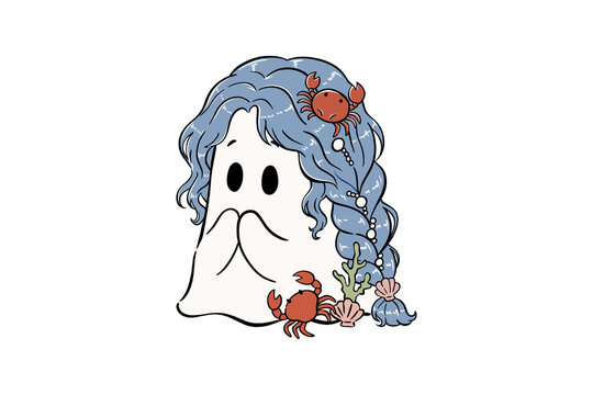 Cute Cancer Zodiac Ghost with Blue Hair Crabs and Seashell Ocean for Sublimation Design