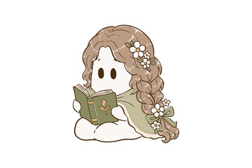 Cute Scholar Ghost Princess with Book and Flower Crown Green Cape for Sublimation Design © Lemon