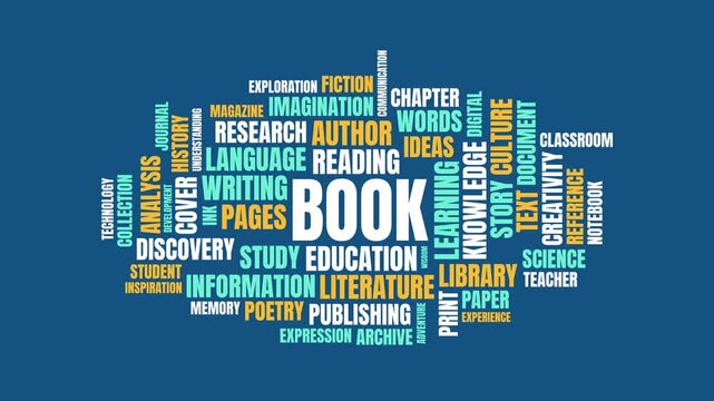 Book word cloud typography animation with education and reading concep