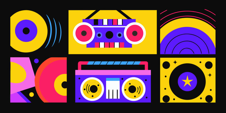 Boombox vinyl record and synthesizer elements in a colorful vector illustration