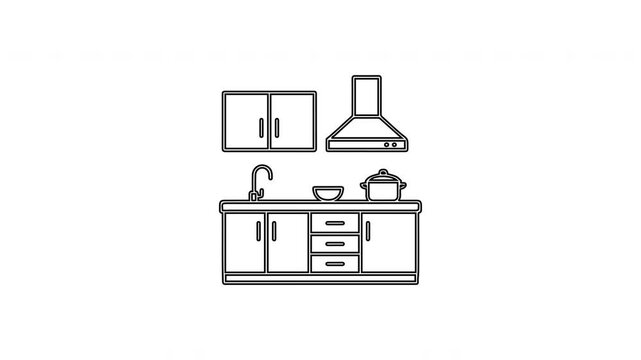 Outline animation of a fully equipped kitchen counter with oven, stove, and hanging utensils. Great for domestic lifestyle.