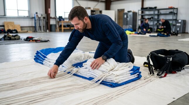 Man kneels on the floor in a workshop, arranging parachute fabric and cords.
