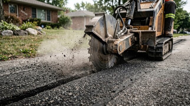 Worker operates a road milling machine cutting asphalt on a neighborhood street