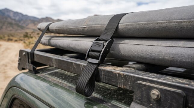 A car roof rack carries rolled mats strapped on in a desert landscape