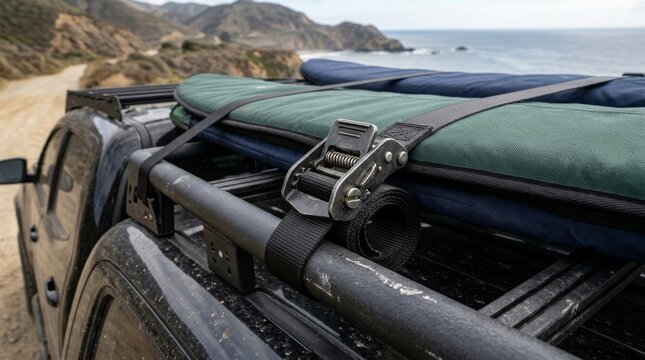 Green and blue mats are strapped on a car roof rack near the coast.