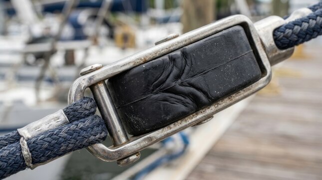 The braided rope loops around a metal boat cleat on a dock.