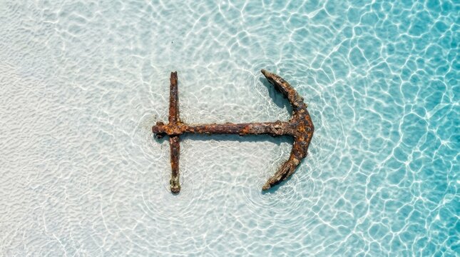 A rusty anchor lies in clear turquoise water above white sand.