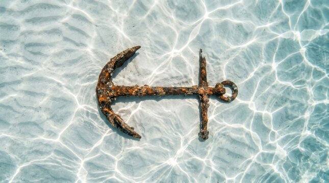 Rusty anchor rests on white sandy seabed under bright sunlight