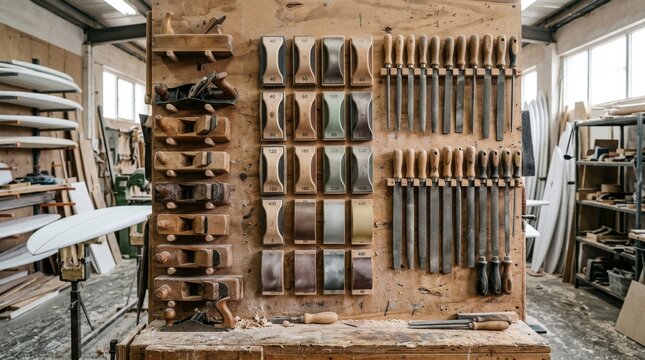 A woodshop wall displays neatly arranged hand tools and planes.