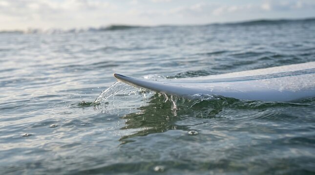 A surfboard rides a small wave across the calm blue ocean surface.