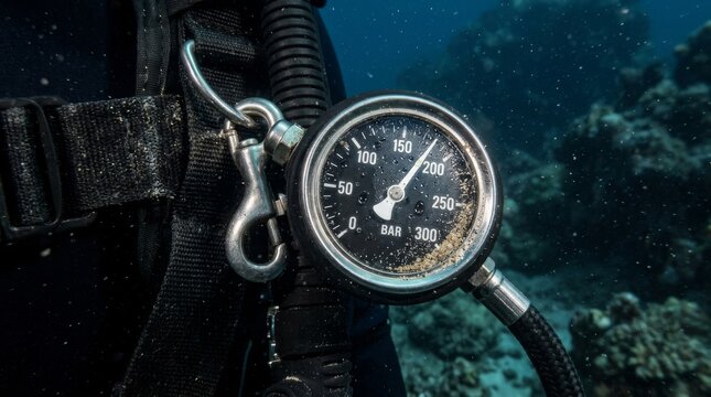 A scuba pressure gauge is attached to hoses underwater during the dive.
