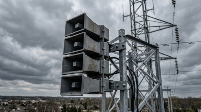 Tall metal transmission tower with stacked insulators stands under gray clouds.